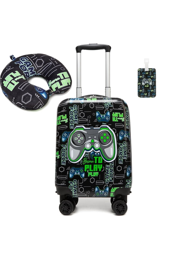 Kids Hardshell Luggage Sets with Travel Pillow Small Carry on Suitcases with Wheels for Boys Travel Essentials Airline Approved 16 Inch Black