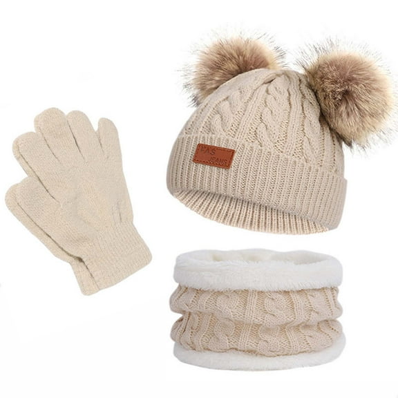Kids Hat Scarf Gloves Boys Girls Set Winter Pom Knit Beanie Cap Neck Warmer Mittens Fleece Lining Cold Weather Gear