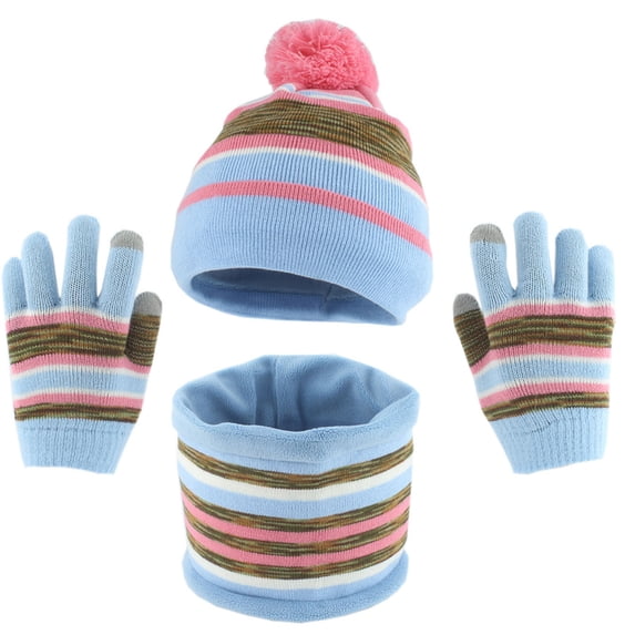 Kids Hat Scarf Gloves Boys Girls Set Winter Pom Knit Beanie Cap Neck Warmer Mittens Fleece Lining Cold Weather Gear