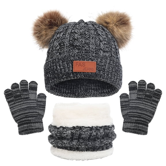 Kids Hat Scarf Gloves Boys Girls Set Winter Pom Knit Beanie Cap Neck Warmer Mittens Fleece Lining Cold Weather Gear