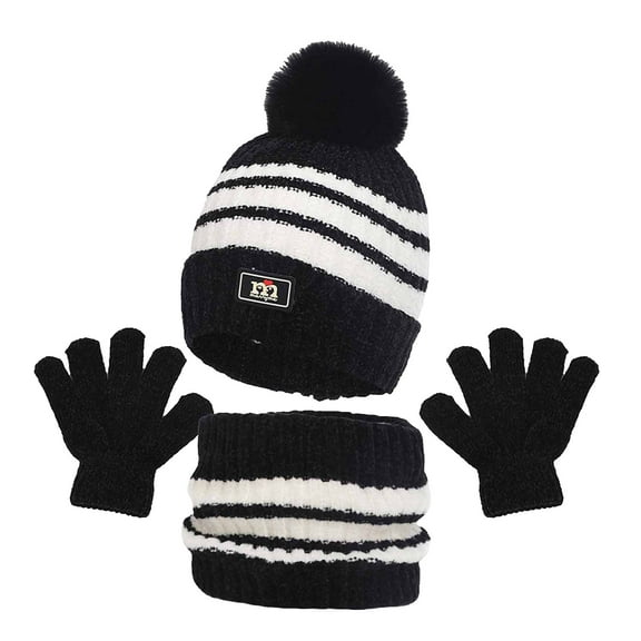 Kids Hat Scarf Gloves Boys Girls Set Winter Pom Knit Beanie Cap Neck Warmer Mittens Fleece Lining Cold Weather Gear