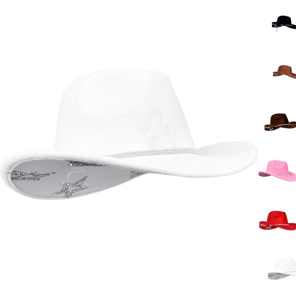 Kids Hat Sparkle Rhinestone Star Cowboy Hat, Wide Brim Western Cowgirl Hat, Soft Felt Party Costume Hat for Birthday Party Dress Up White