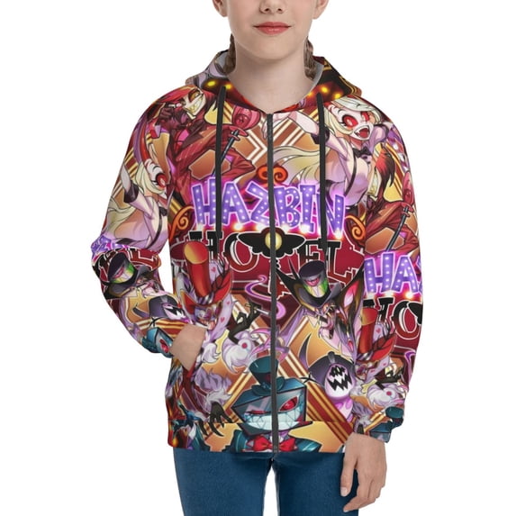 Kids Hazbin Hotel Hoodie 3d Printed Zip Up Hooded Sweatshirt With Pocket For Boys Girls