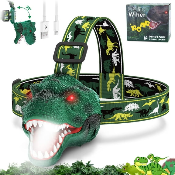 Kids Headlamp, Dinosaur LED Rechargeable Headlamp for Kids Rechargeable Led Headlights Roar & Silent Mode, T-Rex Dinosaur Toys for Kids 3-8, Camping Gear, Christmas Gifts for Boys Girls Adults
