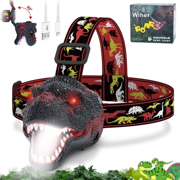 Kids Headlamp, Dinosaur LED Rechargeable Headlamp for Kids Rechargeable Led Headlights Roar & Silent Mode, T-Rex Dinosaur Toys for Kids 3-8, Camping Gear, Christmas Gifts for Boys Girls Adults