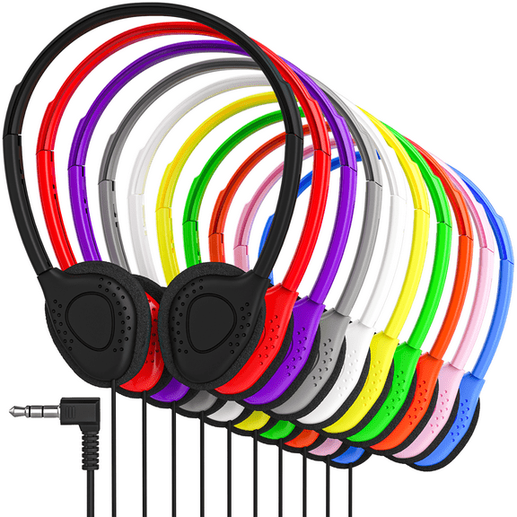 Kids Headphones Bulk 50 Pack for School K-12 Students, Classroom Wired Headphones, Stereo On Ear 3.5mm Jack for Chromebook, Computer, Laptop (Multi Colors)