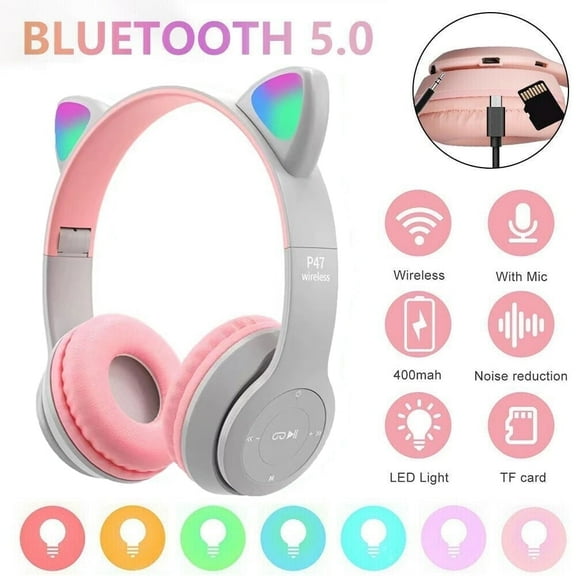 Cat Ear Kids Bluetooth Headphones, LED Light Up Wireless Foldable Stereo Girls Headphones, Kids Headphones for School Birthday Xmas Gift, Pink