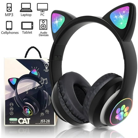 Kids Headphones, Cat Ear Wireless Headphones, LED Light Up Bluetooth over on Ear Black Headphones for Toddler Boy Girl Teen Children With Microphone for Phone/Tablet/Laptop/School Christmas Gift