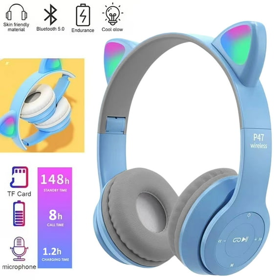 Kids Headphones, Cat Ear Wireless Headphones, LED Light Up Bluetooth over on Ear Purple Headphones for Toddler Boy Girl Teen Children With Microphone(light blue)