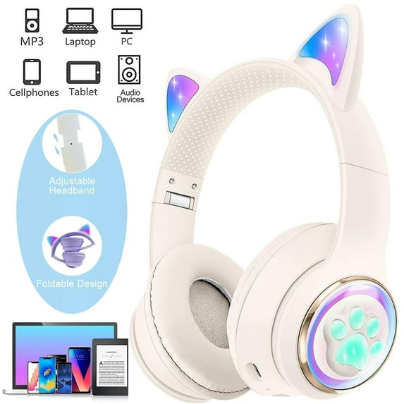 Kids Headphones Cat Ear Wireless Headphones, LED Light Up Bluetooth over on Ear Purple Headphones for Toddler Boy Girl Teen Children with Microphone