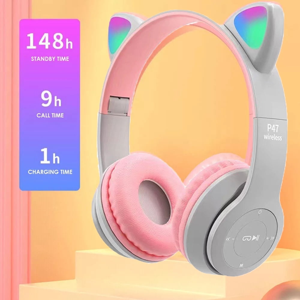 Kids Headphones, Cat Ear Wireless Headphones, LED Light Up Bluetooth over on Ear Purple Headphones for Toddler Boy Girl Teen Children With Microphone(light gray）