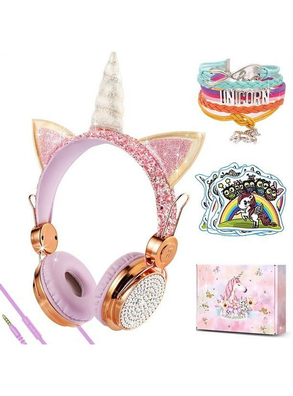 Kids Headphones,Charlxee Unicorns Wired Headsets with Gifts Packing include Sticker&Bracelet for Girls,Built-in Mic&On/Over Ear HD Stereo for Online Study/School/Tablet with Nylon Cable-Gold