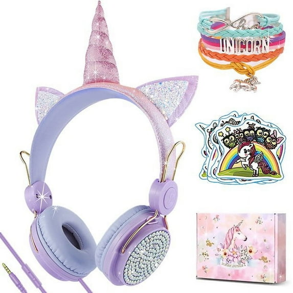 Kids Headphones,Charlxee Unicorns Wired Headsets with Gifts Packing include Sticker&Bracelet for Girls,Built-in Mic&On/Over Ear HD Stereo for Online Study/School/Tablet with Nylon Cable-Purple