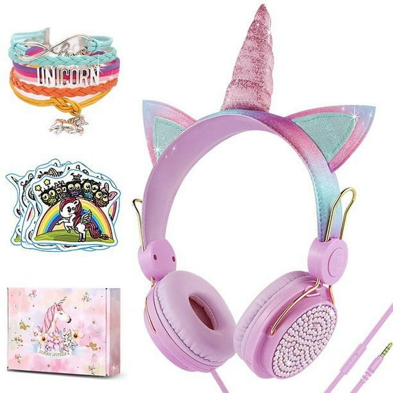 Kids Headphones,Charlxee Unicorns Wired Headsets with Gifts Packing include Sticker&Bracelet for Girls,Built-in Mic&On/Over Ear HD Stereo for Online Study/School/Tablet with Nylon Cable-Pink