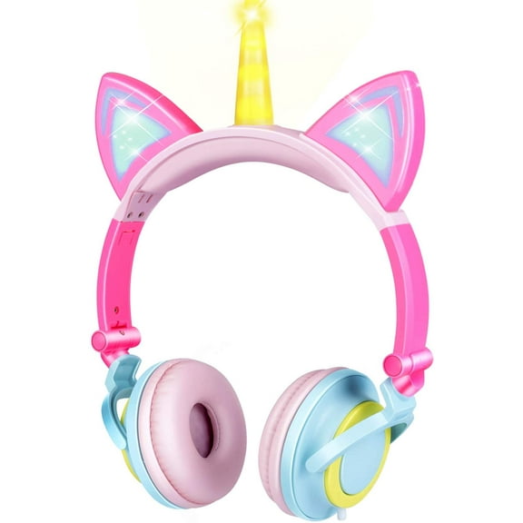 Kids Headphones for Girls Boys Toddlers Tablet School Supply Gifts,Light Up Adjustable Wired Kids Pink Headphones Cat Ear Foldable Over On Ear Game Headset Travel Birthday Gifts