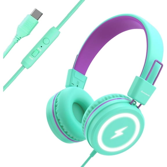 Kids Headphones with LED Lights for School, Upgrade USB Type C Kid Headphone with Microphone, Volume Limiter 85/94dB, Wired On Ear Headphones for Boys/Girls/Tablet/Travel -Green