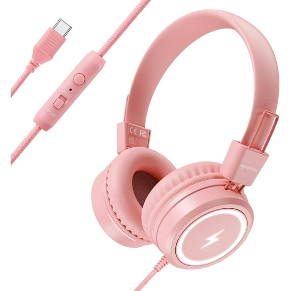Kids Headphones with LED Lights for School, Upgrade USB Type C Kid Headphone with Microphone, Volume Limiter 85/94dB, Wired On Ear Headphones for Boys/Girls/Tablet/Travel -Pink