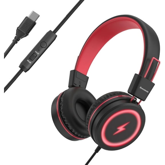 Kids Headphones with LED Lights for School, Upgrade USB Type C Kid Headphone with Microphone, Volume Limiter 85/94dB, Wired On Ear Headphones for Boys/Girls/Tablet/Travel -Red