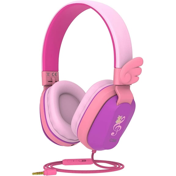 Kids Headphones, Riwbox CS6 Lightweight Foldable Stereo Headphones Over Ear Corded Headset Sharing Function with Mic and Volume Control Compatible for iPad/iPhone/PC/Kindle/Tablet (Purple&Pink)