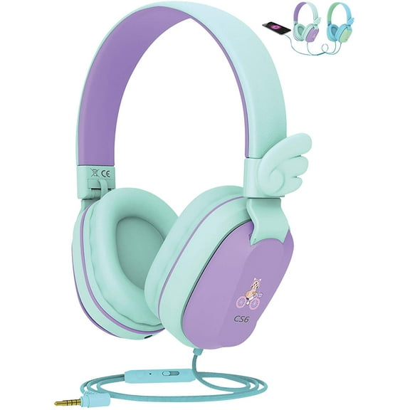 Kids Headphones, Riwbox CS6 Lightweight Foldable Stereo Headphones Over Ear Corded Headset Sharing Function with Mic and Volume Control Compatible for iPad/iPhone/PC/Kindle/Tablet (Purple&Green)