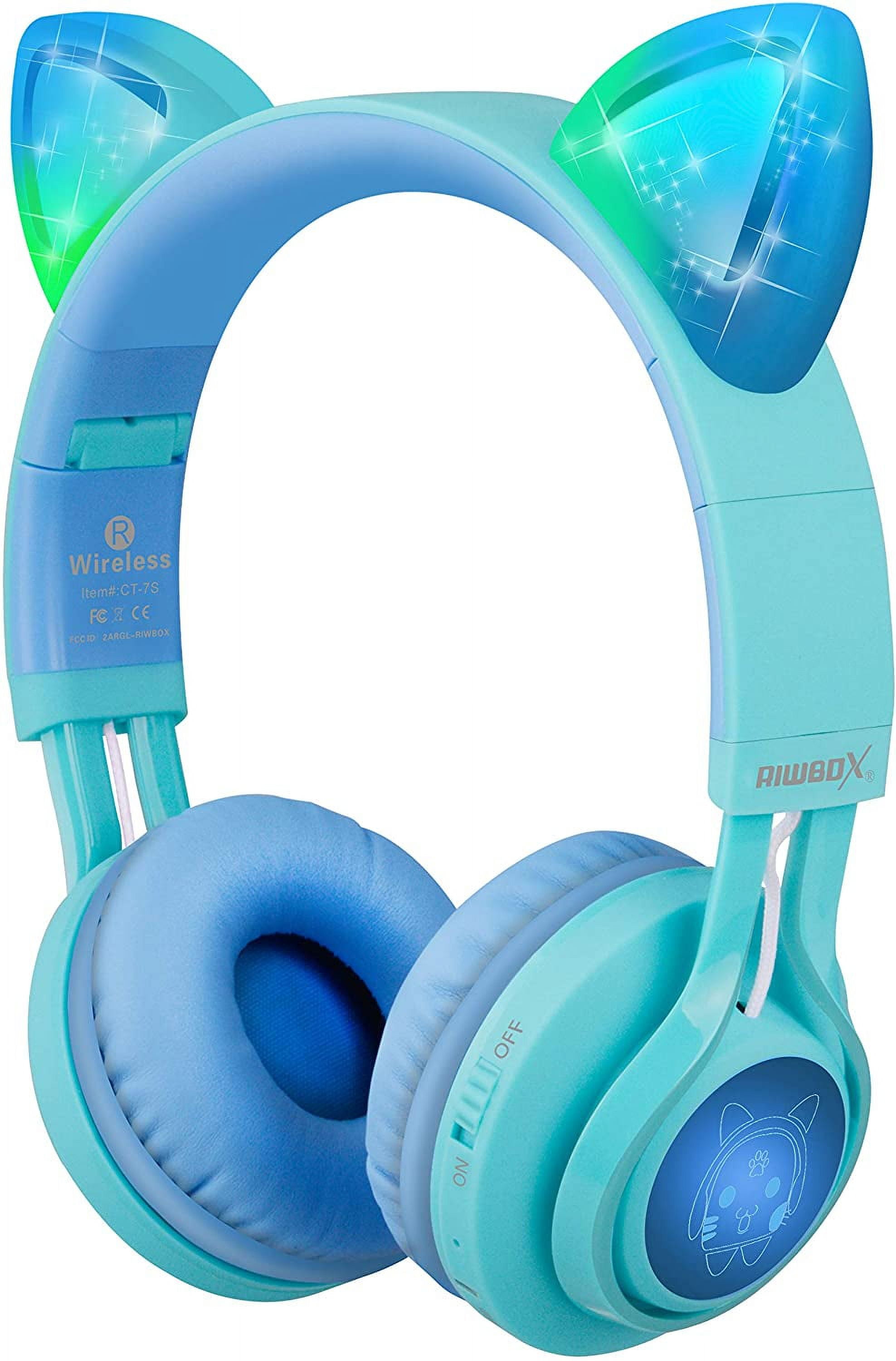 Kids Headphones, Riwbox CT-7S Cat Ear Bluetooth Headphones 85dB Volume Limiting, LED Light Up Kids Wireless Headphones Over Ear with Microphone for iPhone/iPad/Kindle/Laptop/PC/TV (Blue & Green)