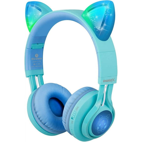 Kids Headphones, Riwbox CT-7S Cat Ear Bluetooth Headphones 85dB Volume Limiting, LED Light Up Kids Wireless Headphones Over Ear with Microphone for iPhone/iPad/Kindle/Laptop/PC/TV (Blue & Green)