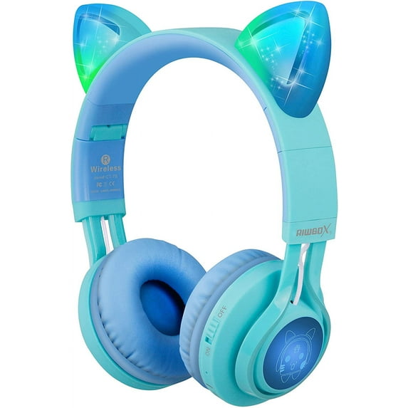 Kids Headphones, Riwbox CT-7S Cat Ear Bluetooth Headphones 85dB Volume Limiting, LED Light Up Kids Wireless Headphones Over Ear with Microphone for iPhone/iPad/Kindle/Laptop/PC/TV (Blue & Green)