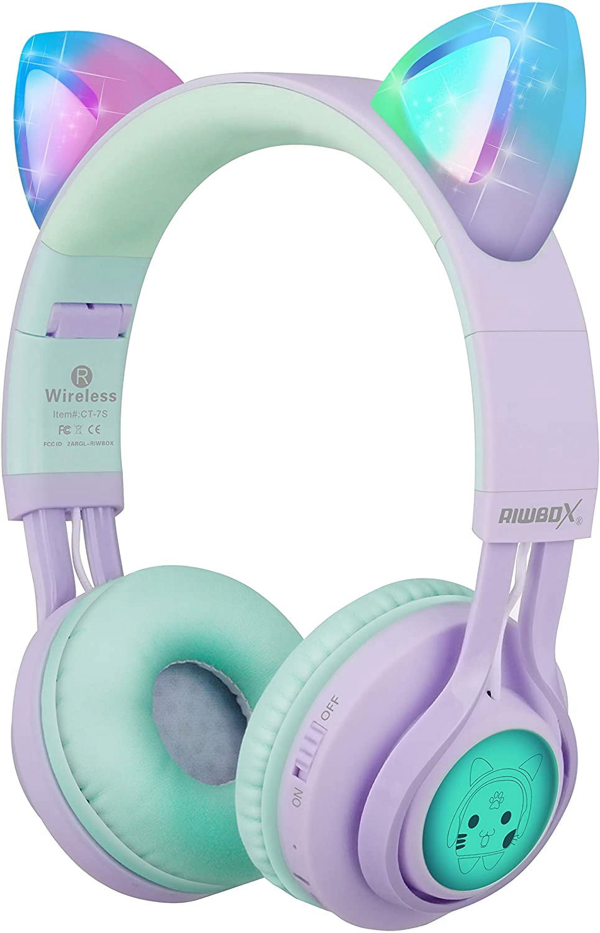 Kids Headphones, Riwbox CT-7S Cat Ear Bluetooth Headphones 85dB Volume Limiting, LED Light Up Kids Wireless Headphones Over Ear with Microphone for iPhone/iPad/Kindle/Laptop/PC/TV (Purple & Green)
