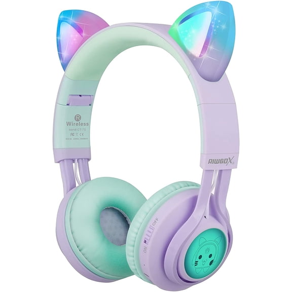 Kids Headphones, Riwbox CT-7S Cat Ear Bluetooth Headphones 85dB Volume Limiting, LED Light Up Kids Wireless Headphones Over Ear with Microphone for iPhone/iPad/Kindle/Laptop/PC/TV (Purple & Green)