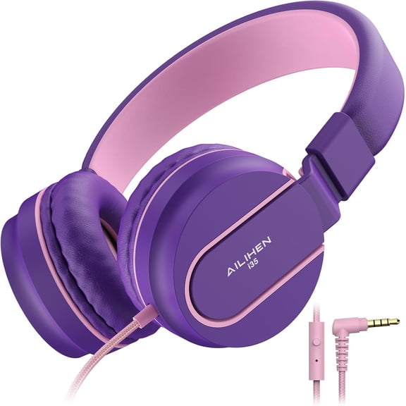 Kids Headphones, Wired Headphones for On Ear with Microphone, 93dB Volume Limiter Headphone Girls Boys, Foldable Lightweight School Learning & Entertainment, Pink Purple