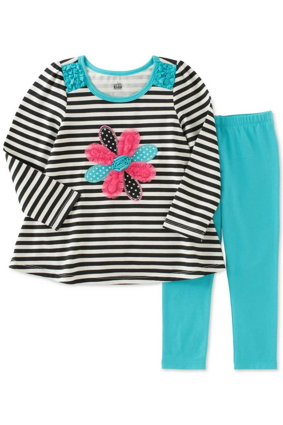 Baby Girls’ 2-Pc. Striped Flower Tunic & Leggings Sets, Black, Blue, 6-9 Months