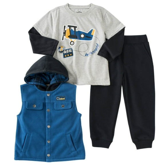 Kids Headquarters Infant Boys 3 Piece Air Plane Shirt Pants & Hooded Vest 24m