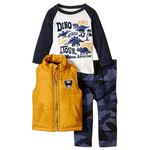 Kids Headquarters Infant Boys 3 Piece Dinosaur Shirt Camo Pants Yellow Vest 12m