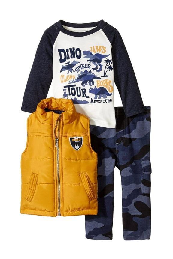 Infant Boys 3 Piece Dinosaur Shirt Camo Pants Yellow Vest 12m