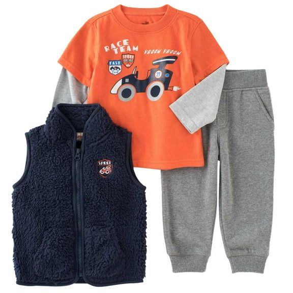 Kids Headquarters Infant Boys 3 Piece Orange Race Car Shirt Pants & Vest 24m