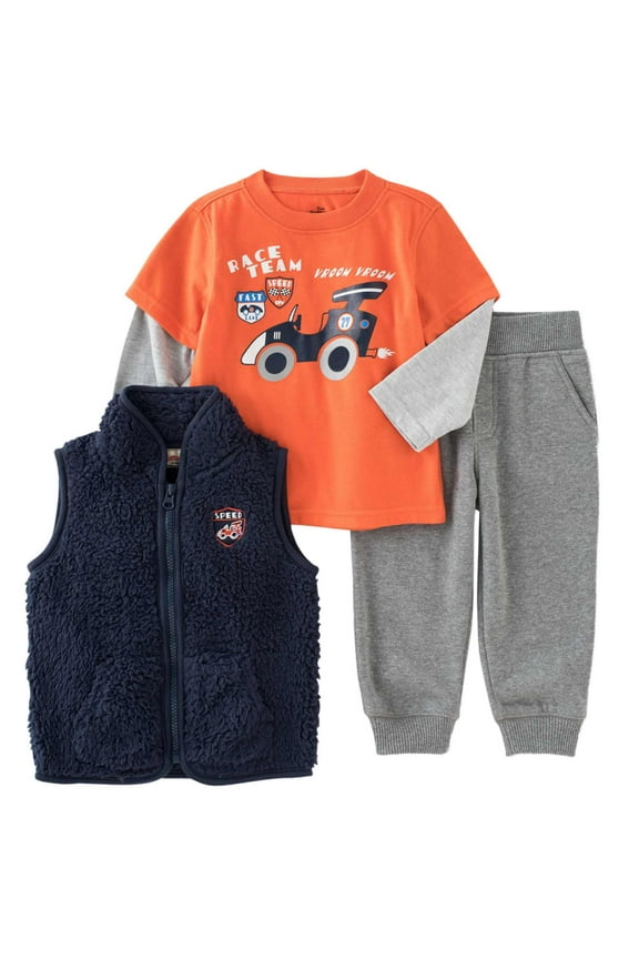 Infant Boys 3 Piece Orange Race Car Shirt Pants & Vest 24m