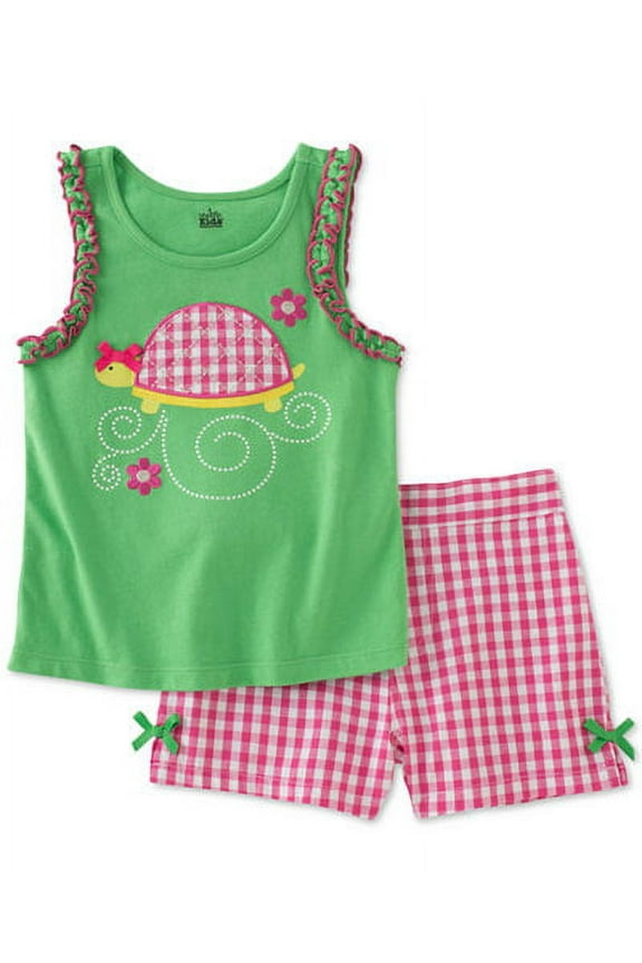 Infant Girl 2 PC Turtle Shirt Gingham Check Shorts Outfit 24m