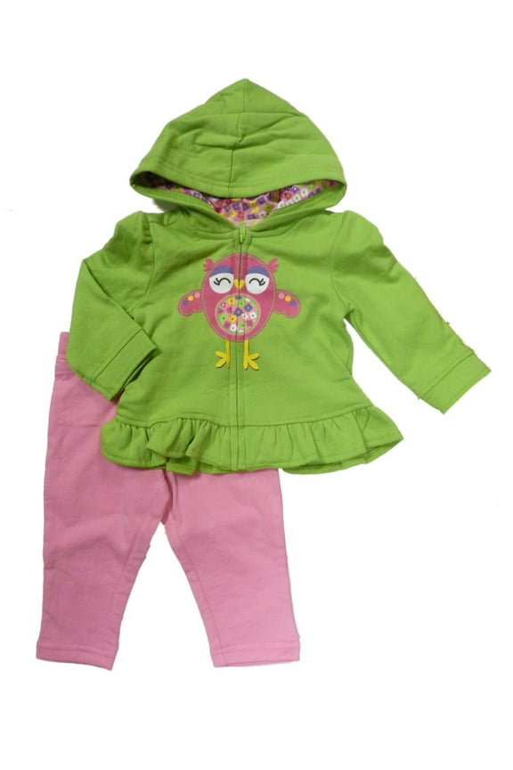 Infant Girl Set Green Bird Hoddie Sweatshirt Pink Leggings 12m