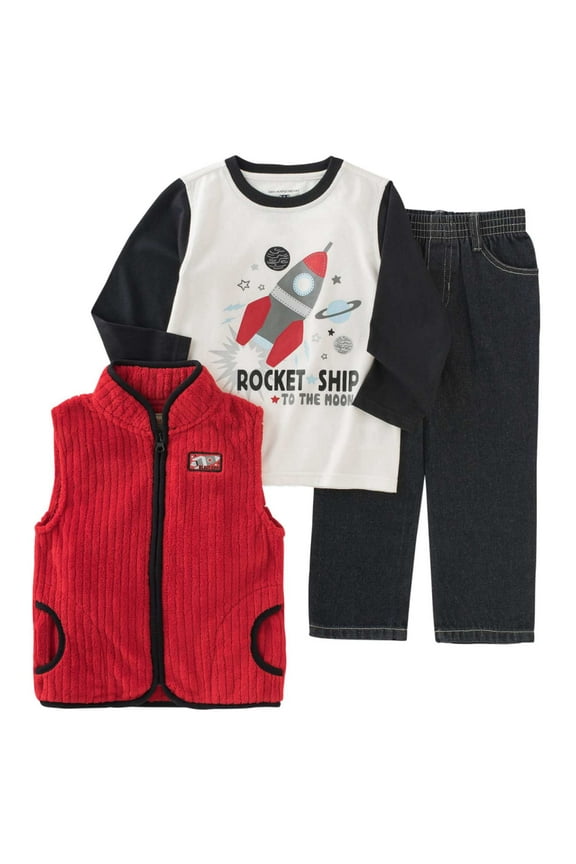 Infant Toddler Boys 3 Piece Rocket Ship Shirt Pants Vest 12m