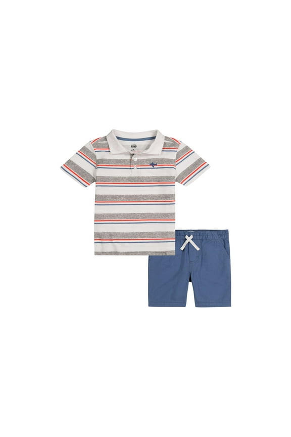 Little Boys Striped Polo Shirt Twill Shorts 2 Piece Set Gray 4