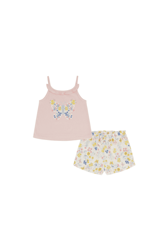 Toddler Girls Butterfly Floral Top and Floral Ruffle Trim Terry Shorts Set, 2 Piece - Pink