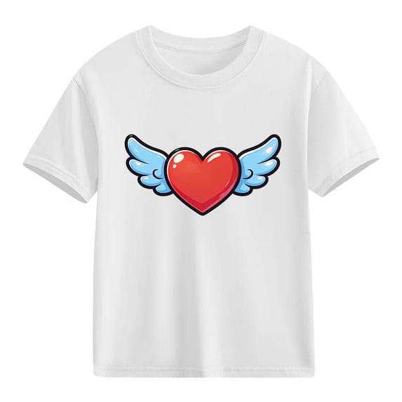 Kids Heart Graphic Tee Cute Girls Valentine's Day T-Shirt Winged Heart Short Sleeve Cotton Top White,Size 3 T