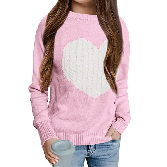 Kids Heart Print Long Sleeve Knit Sweater Fall Winter Girls Pullover