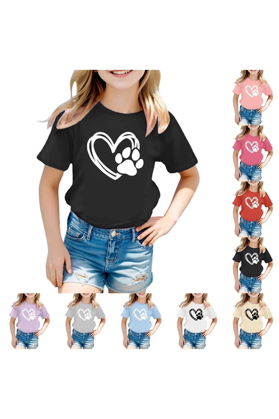Kids Heart Puppy Print Tshirts Short-Sleeved T-Shirt Casual Top Hot Pink 3 Y-4 Y