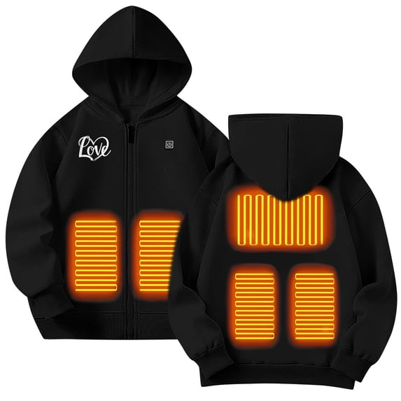 Kids Heated Hoodie Sweatshirts Boys Girls 5 Heating Zones Zip-Up Fleece Lined Electric Hooded Jackets Cold Weather Black, 7 Y