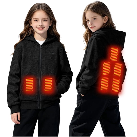 Kids Heated Hoodie Sweatshirts Boys Girls 7 Heating Zones Zip-Up Fleece Lined Electric Hooded Jackets Cold Weather Black, 7 Y