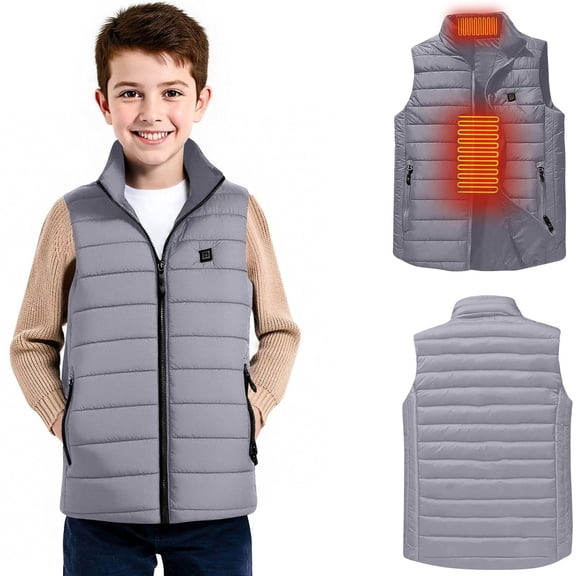 Kids Heated Vest Stand Collar Quilted 2 Zones Heating Jackets Sleeveless Winter Warm Electric Gilet Coats 14 T, Gray