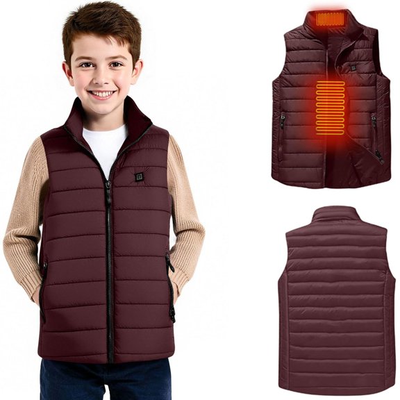 Kids Heated Vest Stand Collar Quilted 2 Zones Heating Jackets Sleeveless Winter Warm Electric Gilet Coats 14 T, Wine