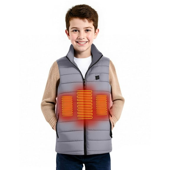 Kids Heated Vest Stand Collar Quilted 4 Zones Heating Jackets Sleeveless Winter Warm Electric Gilet Coats 11 T, Gray