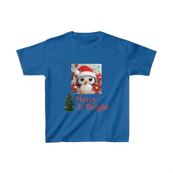 Kids Heavy Cotton™ T-shirt Merry and Bright Christmas Red Hat Penguin